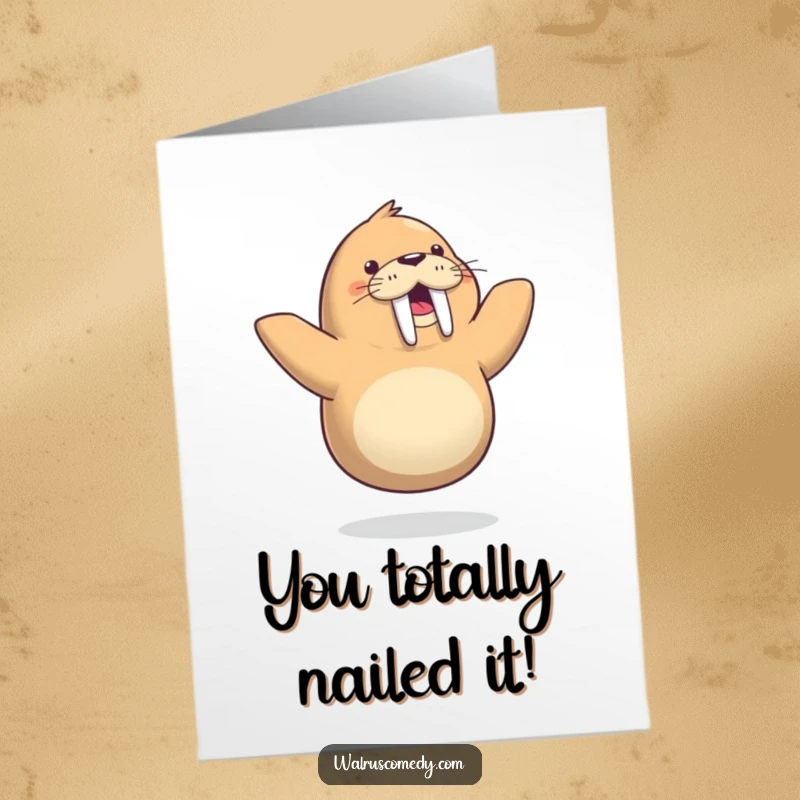 Funny free printable congratulations card: A cheerful walrus grooves on one flipper, celebrating your big win. Downloadable art for a good laugh.