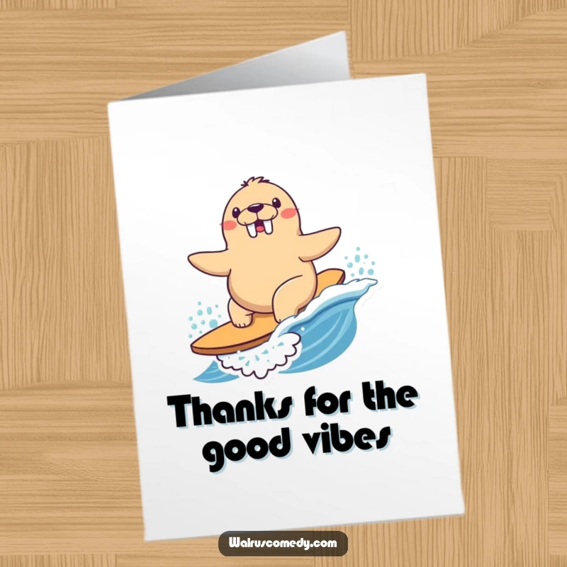 Funny Free Printable Kawaii Walrus Thank You Card: happy walrus surfing a playful wave with determined joy and thanks.