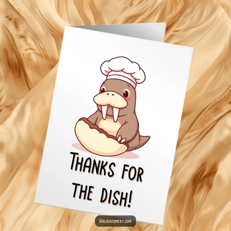 Funny Free Printable Thank You Card: Walrus chef proudly presents a giant clam, offering a humorous thank you.