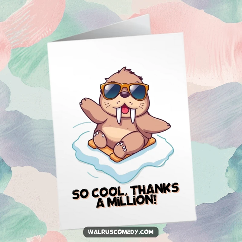 Funny Free Printable Thank You Card: A kawaii walrus wearing sunglasses confidently slides down a slick ice slope, sharing gratitude.