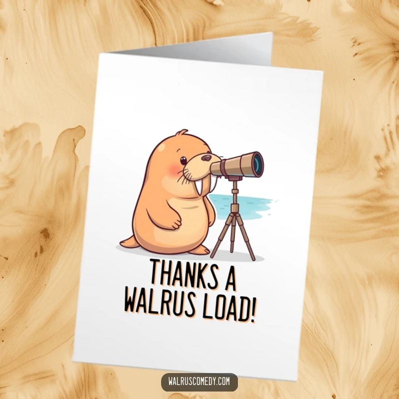Funny Free Printable Thank You Card: Curious walrus with a telescope, sending thanks.