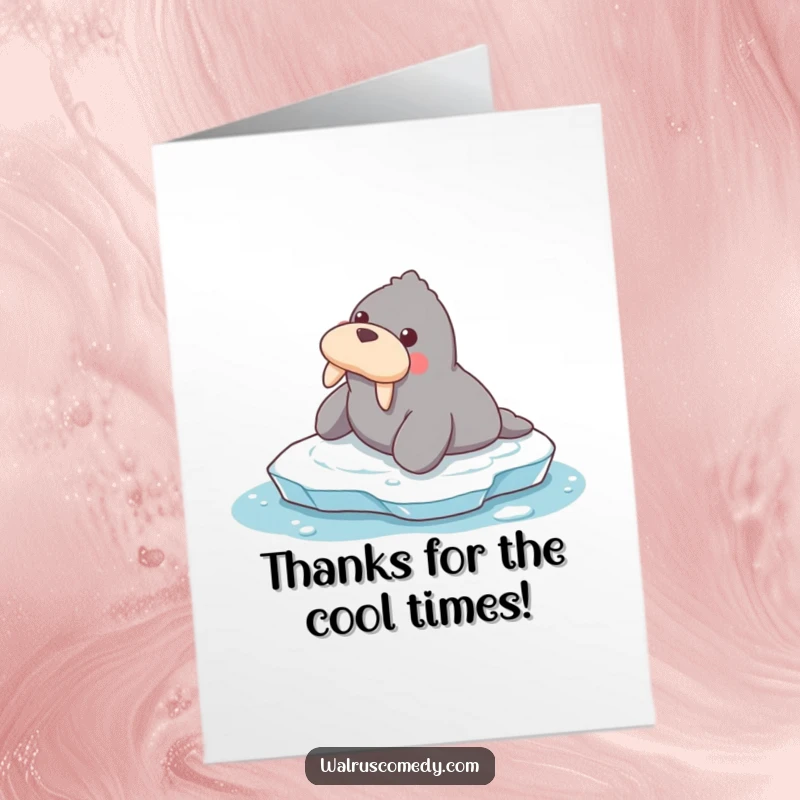 Funny Free Printable Thank You Card: Cheerful walrus sliding on ice, conveying thanks with humor. A delightful, downloadable card for gratitude.