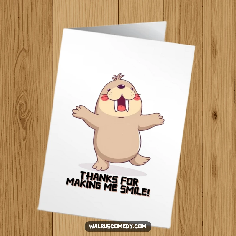 Funny Free Printable Thank You Card: Joyful walrus caught mid-dance, flippers high, expressing thanks with humor.