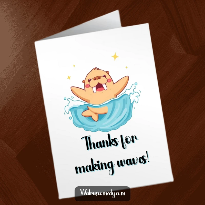 Funny Free Printable Thank You Card featuring a walrus joyfully diving into a sparkling wave, conveying heartfelt thanks.