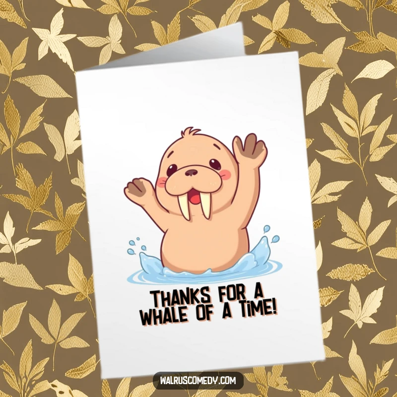 Funny Free Printable Thank You Card: A happy kawaii walrus splashes water, signifying abundant thanks.