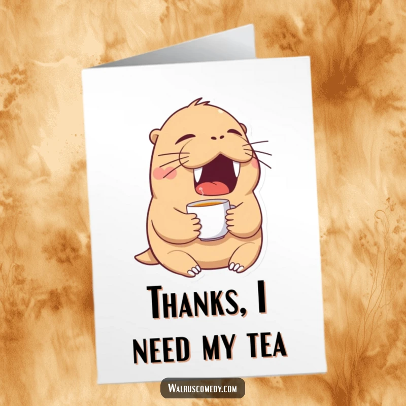 Funny Free Printable Thank You Card: Tired walrus yawning with a tiny teacup.
