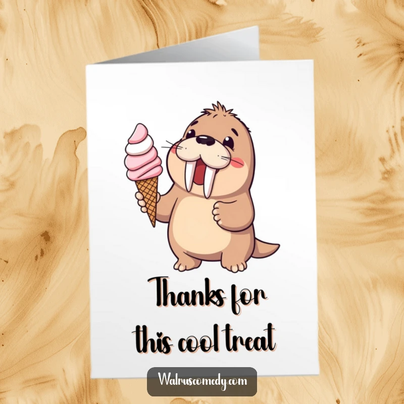 Funny Free Printable Thank You Card: Walrus offering a large ice cream cone with delight, a sweet thank you.