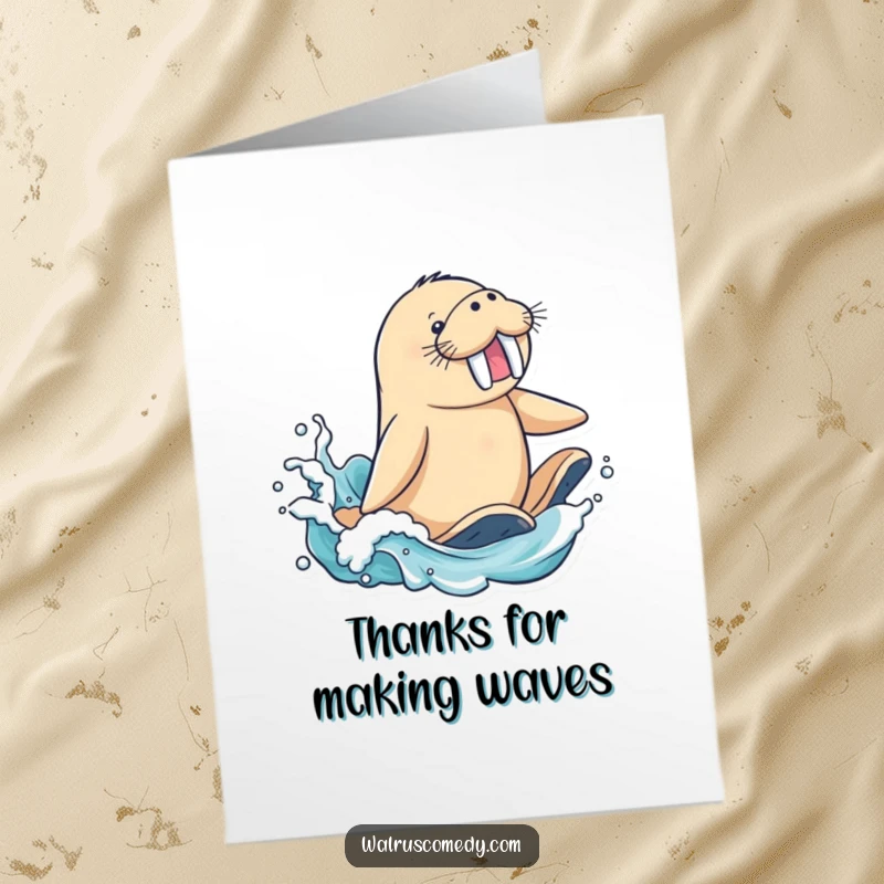 Funny Free Printable Thank You Card: A happy walrus surfs a wave, holding a sign that says Thank You.