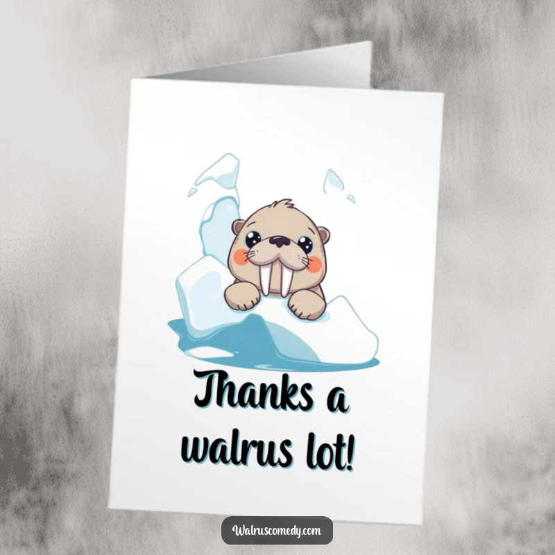 Funny Free Printable Thank You Card with a curious walrus and big eyes peeking from an iceberg, perfect for showing appreciation.