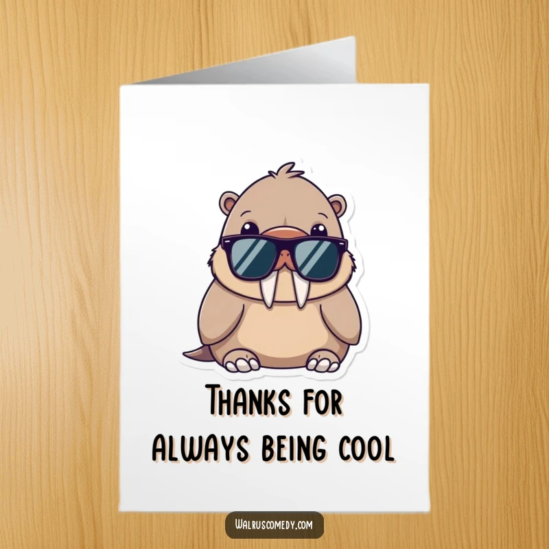 Funny Free Printable Thank You Card: A kawaii walrus in sunglasses looks super cool and relaxed while expressing thanks.