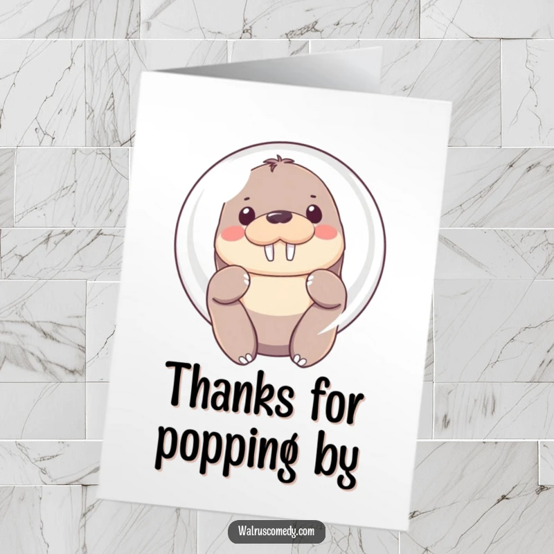 Funny Free Printable Kawaii Walrus Thank You Card: shy walrus peeking from a bright bubble, expressing soft gratitude.