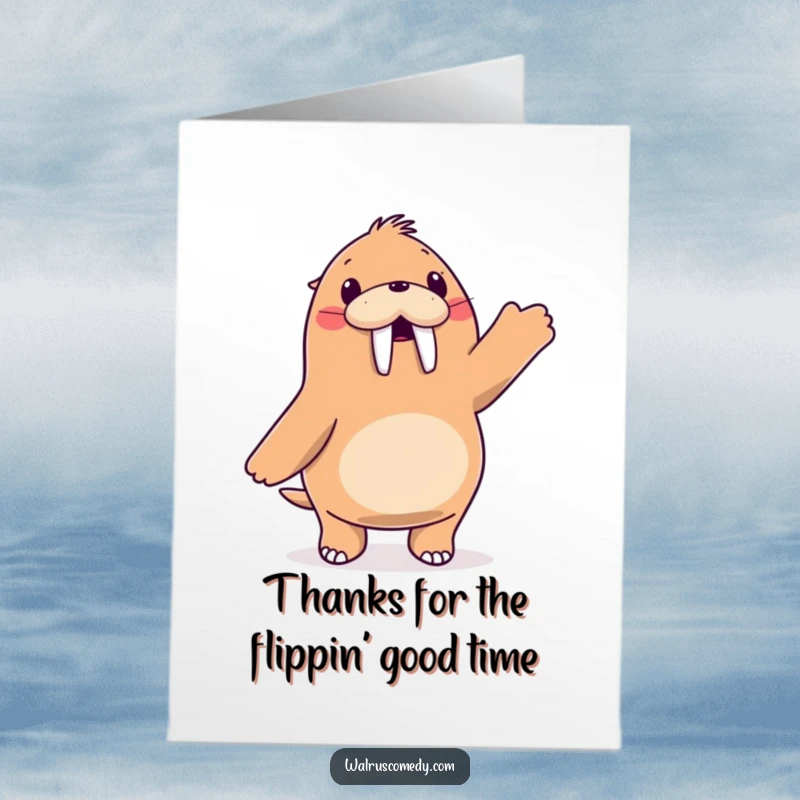 Funny Free Printable Thank You Card: walrus character dancing joyfully with flippers in the air, a humorous DIY gift.