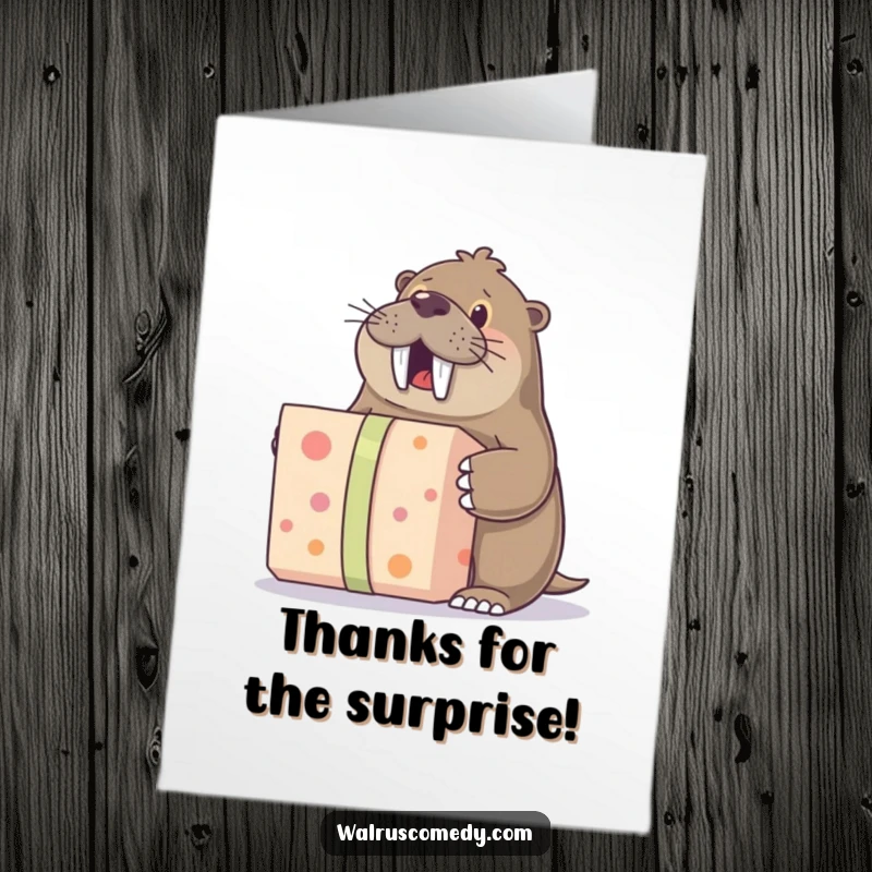 Funny Free Printable Thank You Card: Walrus joyfully unwrapping a large gift, expressing thanks with excited anticipation.