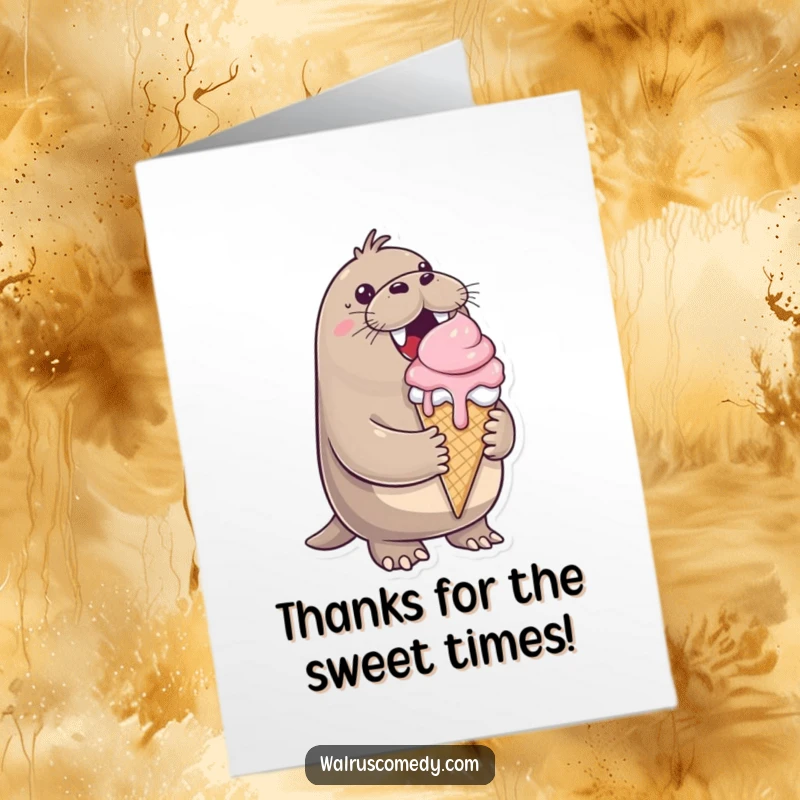 Funny Free Printable Thank You Card: Cheerful walrus happily indulging in a dripping ice cream cone, saying thanks.