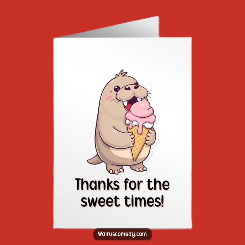 Free Printable Thank You Card: Happy Walrus, Ice Cream Thanks, Downloadable Gratitude Gift