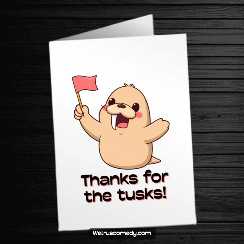 Funny Free Printable Thank You Card showcasing a kawaii walrus energetically waving a small flag, conveying sincere appreciation.