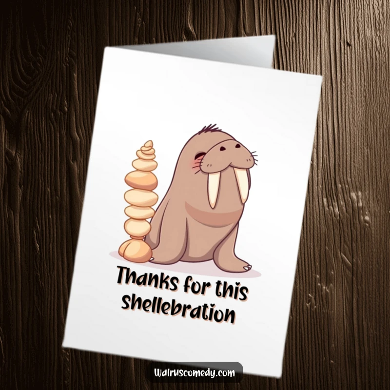 Funny Free Printable thank you card where a giggling walrus balances numerous seashells on its tusks. A humorous downloadable gift.