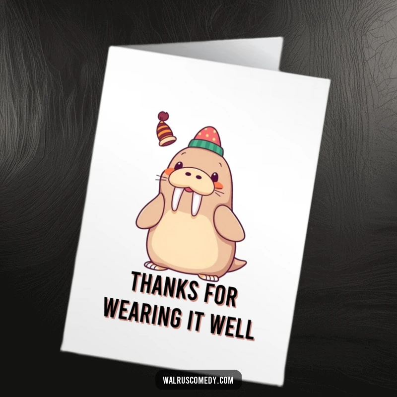 Funny Free Printable Thank You Card: A kawaii walrus wearing a cute hat balanced on its tusk, expressing thanks sweetly.