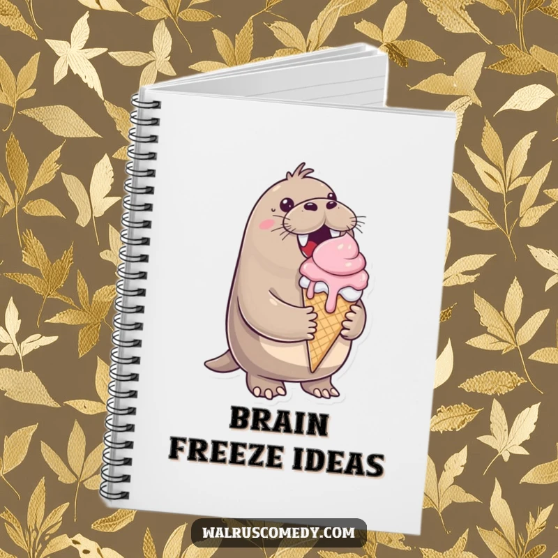 Funny notebook, cheerful walrus, ice cream cone dripping, happy journal, perfect for notes, sweet theme.