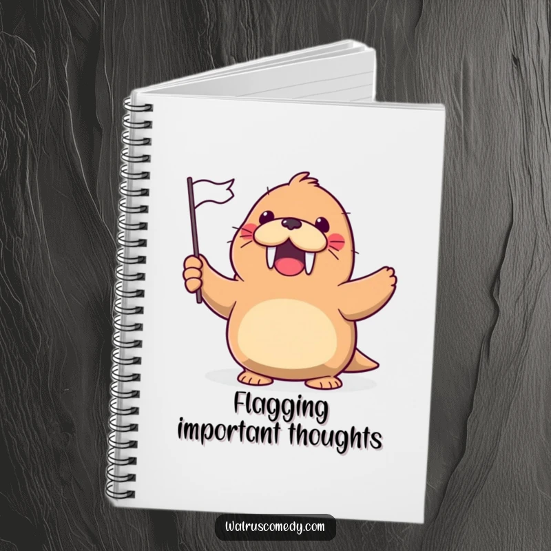 Funny Notebook featuring a kawaii walrus gleefully waving a tiny flag with a cheerful, excited expression.