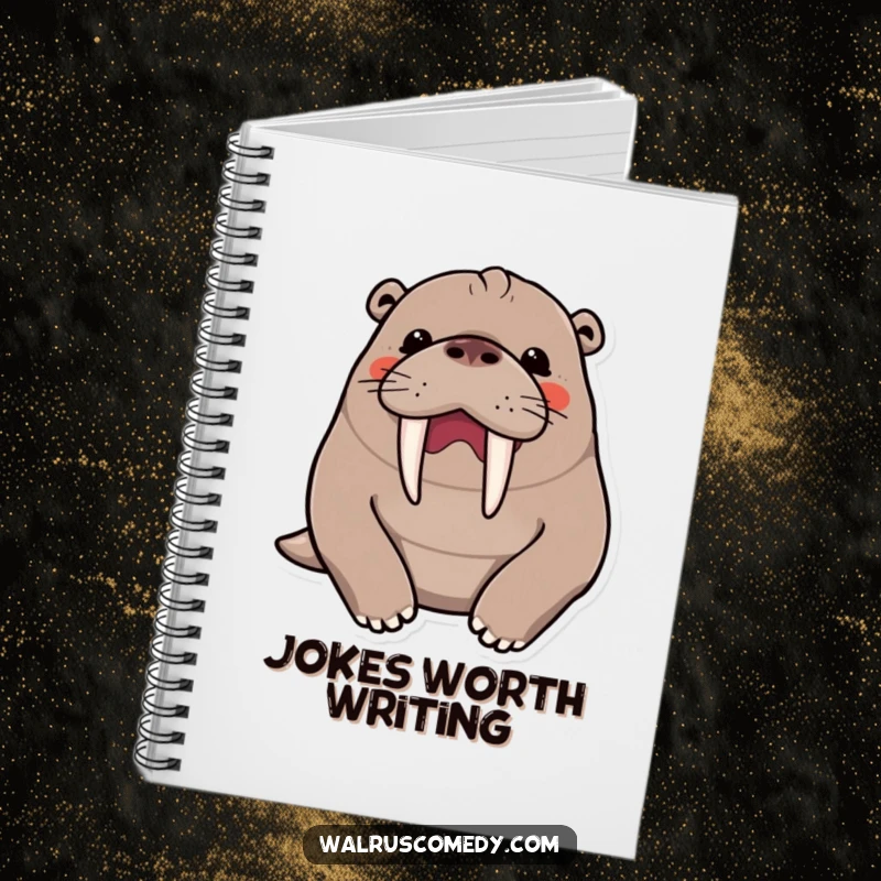 Funny kawaii walrus character in a hearty chuckle, prominent tusks visible, featured on the cover of a notebook.