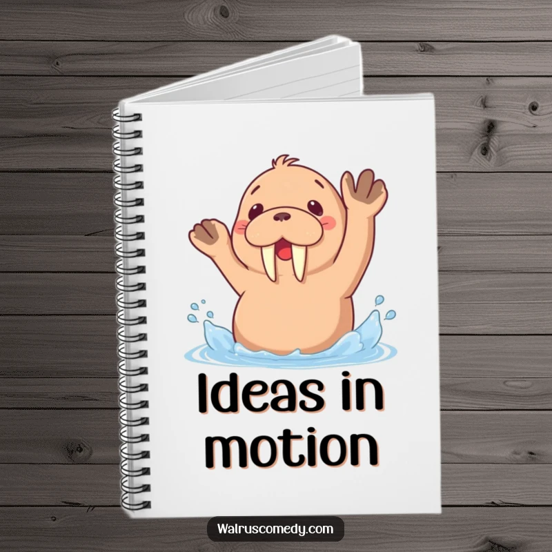 Funny notebook with a kawaii walrus playfully splashing water with its flippers, ideal for jotting down brilliant, splashy ideas.