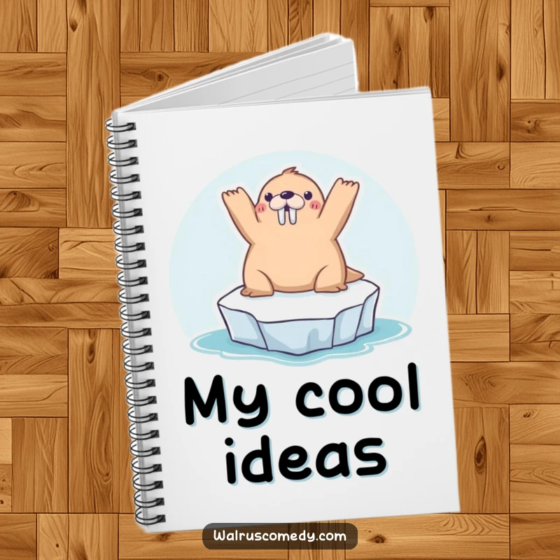 Funny kawaii walrus sunbathing on a tiny iceberg, arms raised, ready to take notes on this charming and humorous notebook.