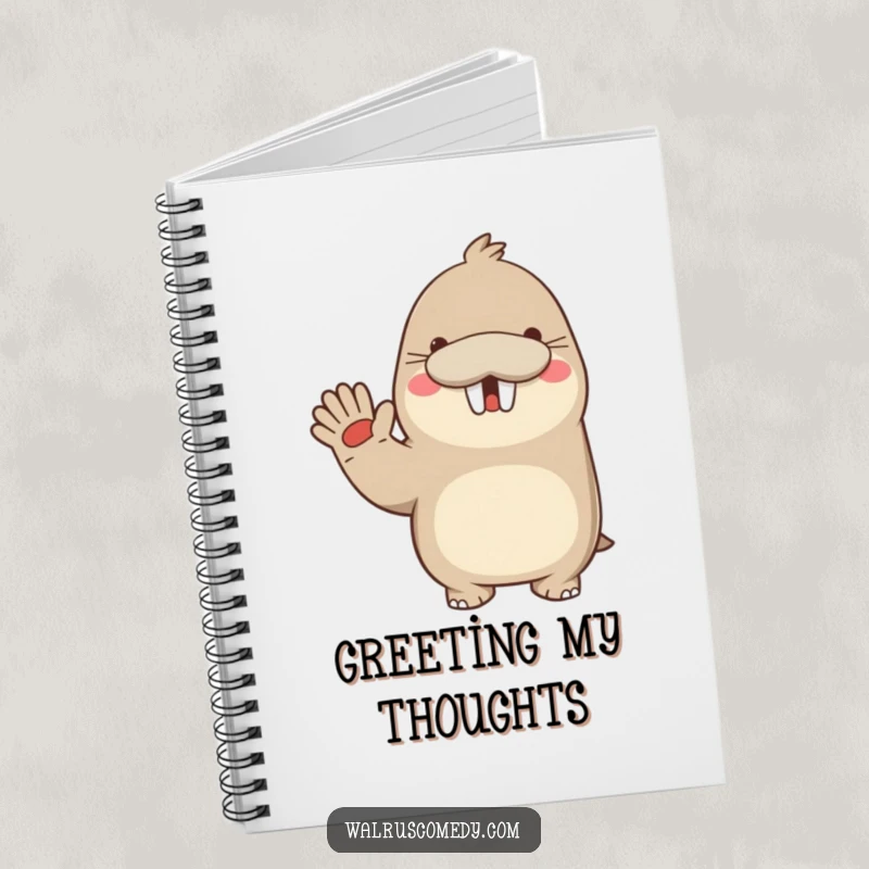 Funny notebook with a kawaii walrus waving enthusiastically with a big smile, ideal for capturing happy thoughts and plans.