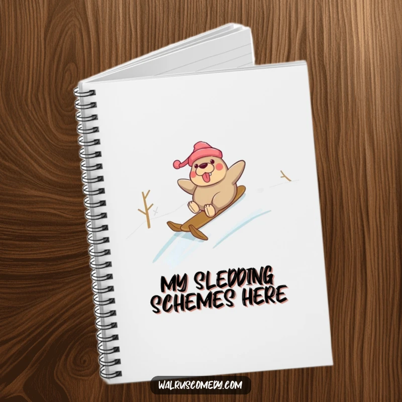 Funny notebook with a cover featuring a walrus character sliding down a snowy hill with glee, for humorous note-taking.