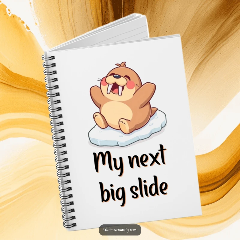 Funny notebook with an excited walrus character sliding gleefully down an icy slope, inspiring creative thoughts and notes.