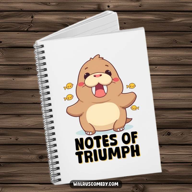 Funny walrus cheering in a notebook, a motivational journal for capturing ideas, featuring an enthusiastic sea creature.