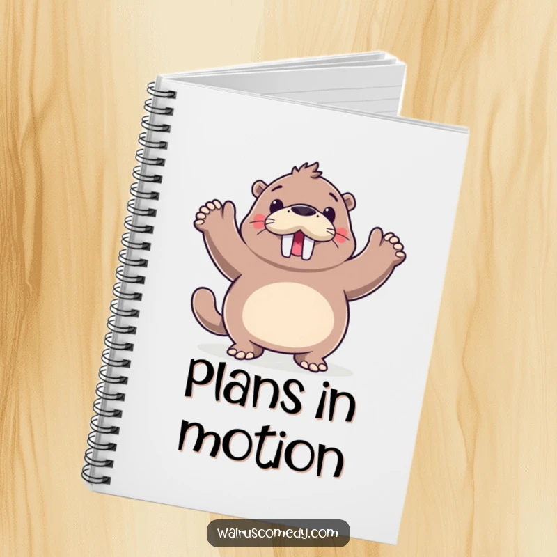 Funny walrus dancing in a notebook, a joyful journal for capturing ideas, featuring an energetic sea creature.