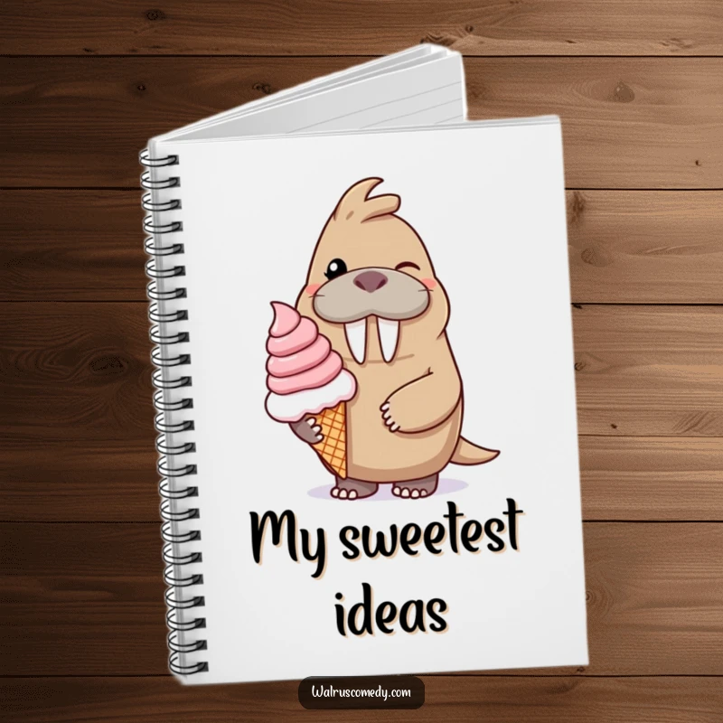 Funny notebook with a winking walrus character offering a giant ice cream cone, inspiring sweet thoughts and creative notes.