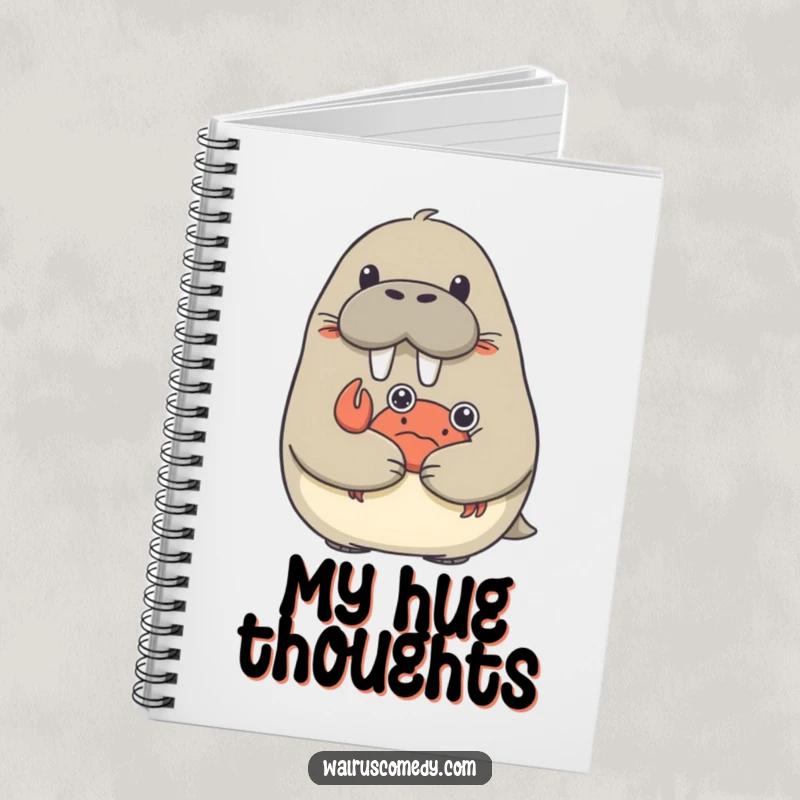 Funny notebook cover featuring a surprised walrus receiving a hug from a small crab.