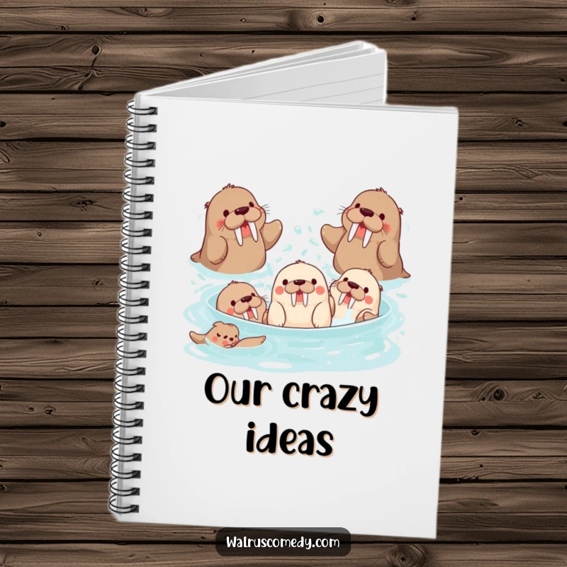 Funny group of playful walrus characters splashing water, ideal for notes and as a funny gift.