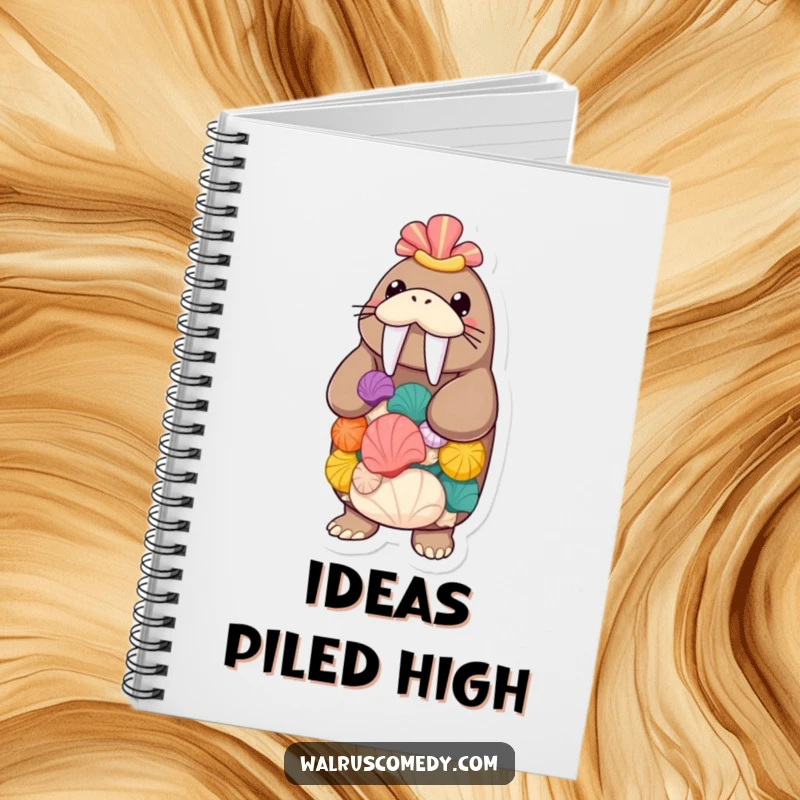 Funny walrus balancing seashells in a notebook, a humorous journal for capturing thoughts, featuring a skilled sea creature.
