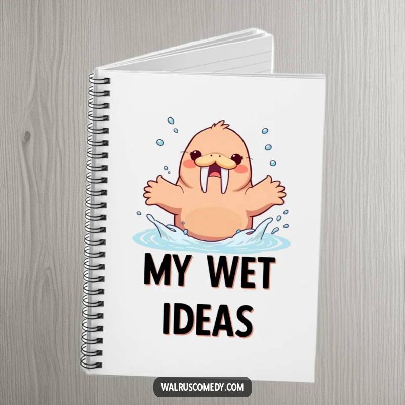 Funny Kawaii Walrus Splashing Water Notebook, an energetic walrus splashing water, perfect for jotting notes.