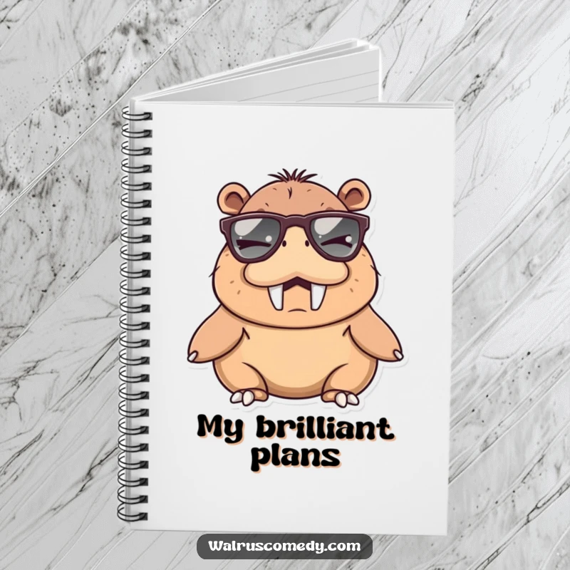 Funny winking walrus character sporting oversized sunglasses on the cover of a notebook, ideal for creative writing and cool notes