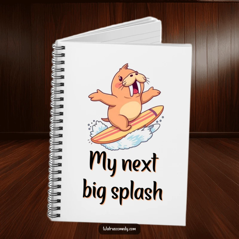 Funny notebook featuring an excited walrus riding a giant surfboard with a splash, perfect for jotting down ideas and adventures.