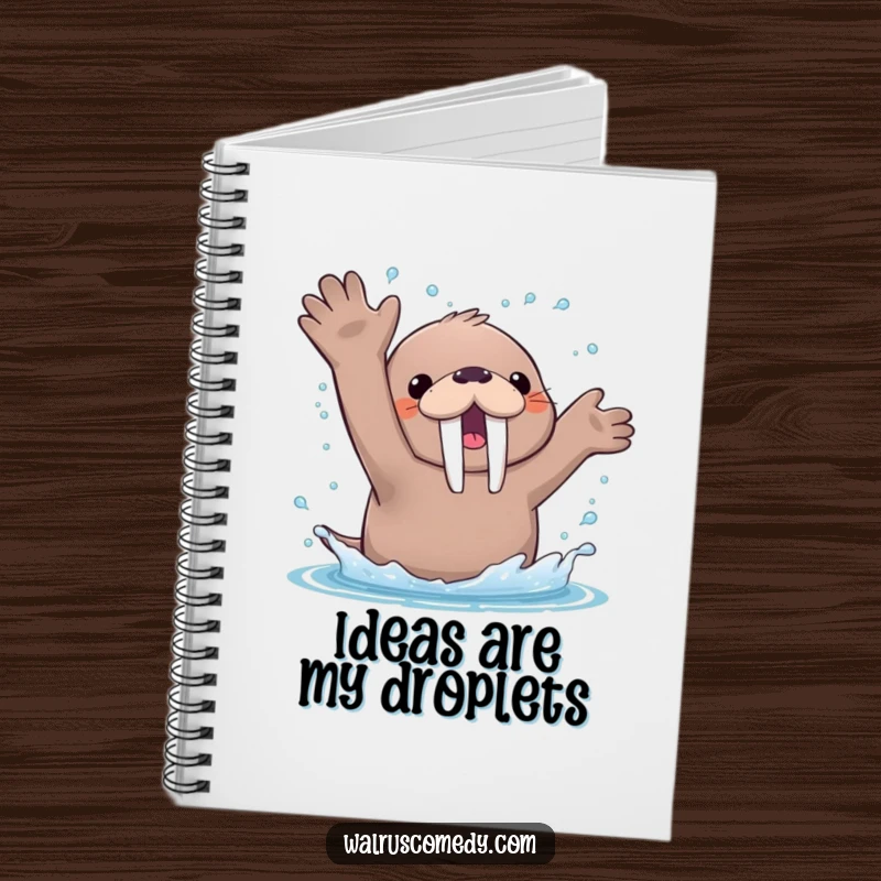 Funny Notebook with a kawaii walrus enthusiastically splashing water with its flippers, showering happy droplets on every page.
