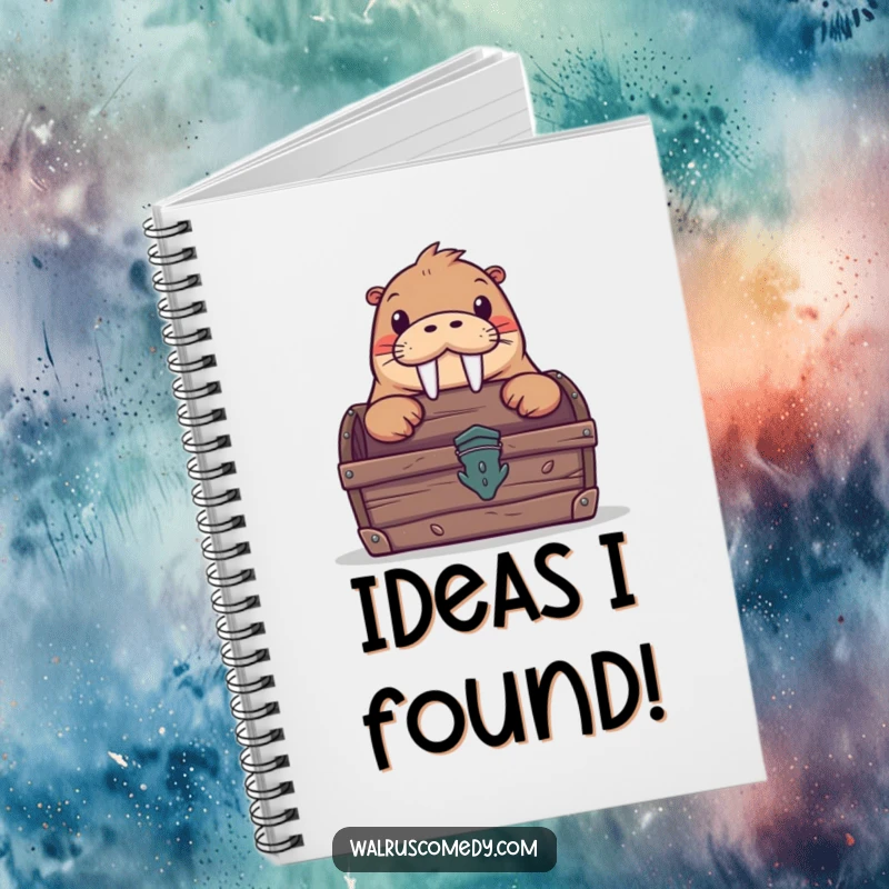 Funny notebook featuring a curious walrus peeking out from a treasure chest, ideal for note-taking with a humorous and adventurous twist.