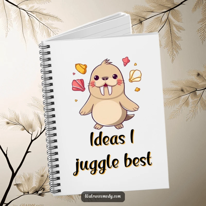 Funny happy walrus juggling colorful seashells with its flippers on a lined notebook, a skillful funny gift.