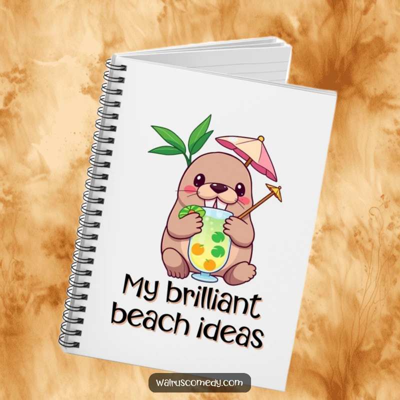 Funny notebook with a cover featuring a walrus character enjoying a tropical drink, perfect for humorous journaling and creative writing.
