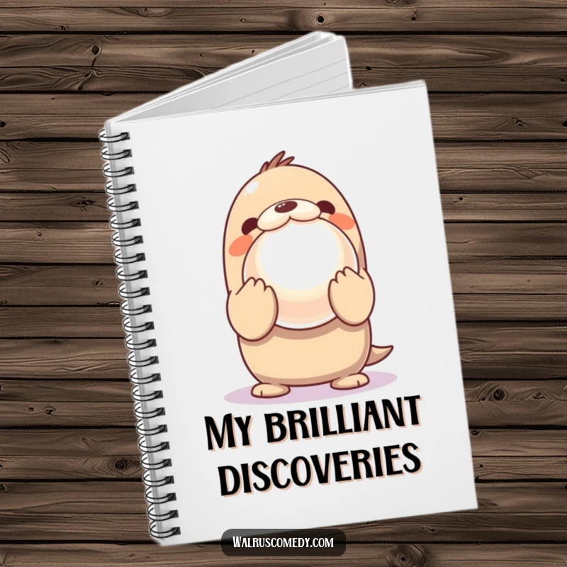 Funny Notebook featuring a Kawaii walrus showcasing a giant, shiny pearl with delighted, innocent eyes, ready for notes.