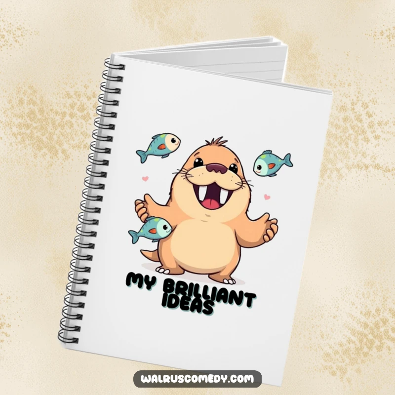 Funny notebook featuring a happy walrus with a wide, toothy grin juggling fish, ideal for capturing creative ideas.