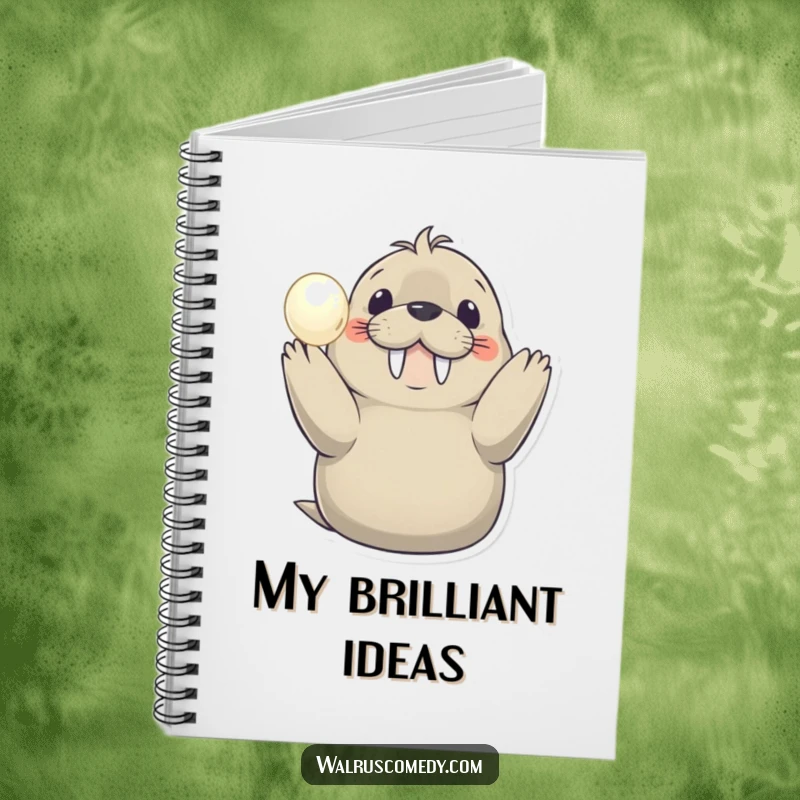 Funny notebook featuring a smiling walrus holding a shimmering pearl, ideal for note-taking with a humorous and valuable twist.