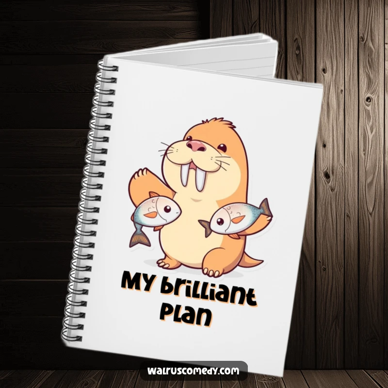 Funny walrus character notebook, juggling two shiny fish with a grin, ideal for notes and as a funny gift.
