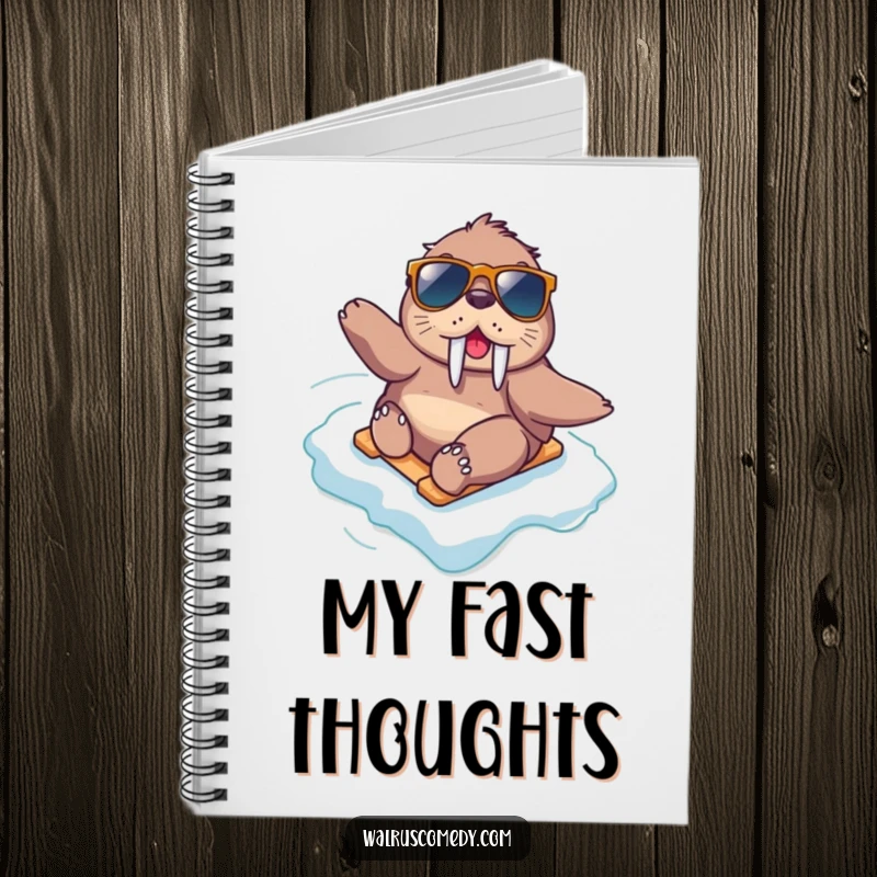 Funny kawaii walrus wearing sunglasses slides down an icy slope, perfect for jotting down fast ideas in this notebook.