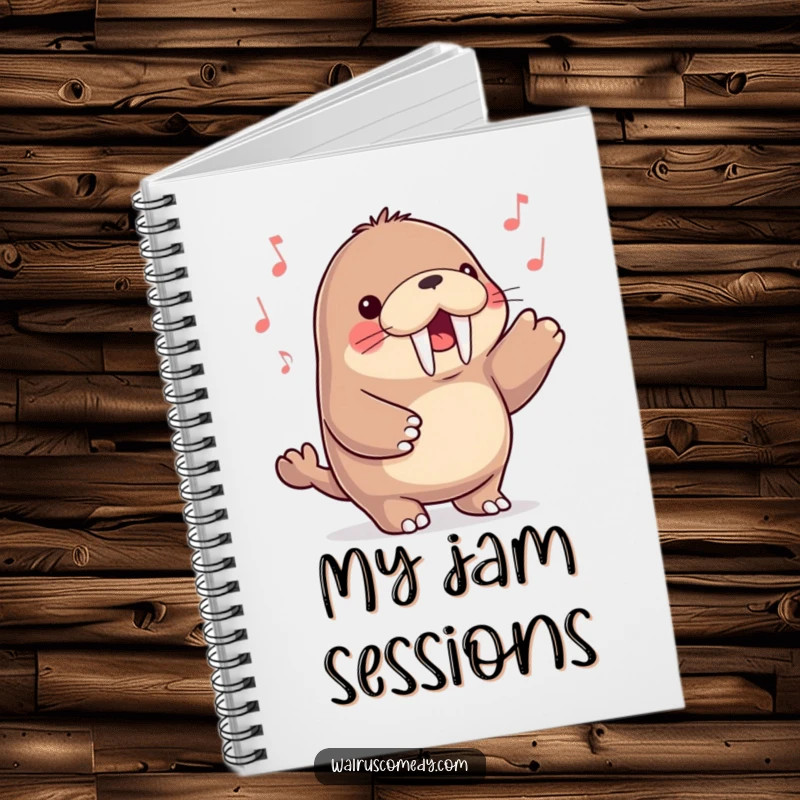 Funny kawaii walrus character happily tapping its flippers to a beat, appearing on the cover of a notebook, ready for notes.