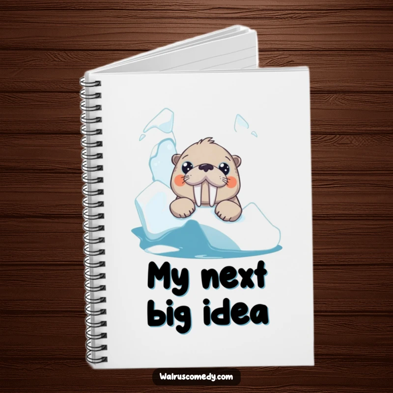 Funny walrus notebook cover with a curious animal peeking out, large eyes full of wonder, ideal for jotting down notes.